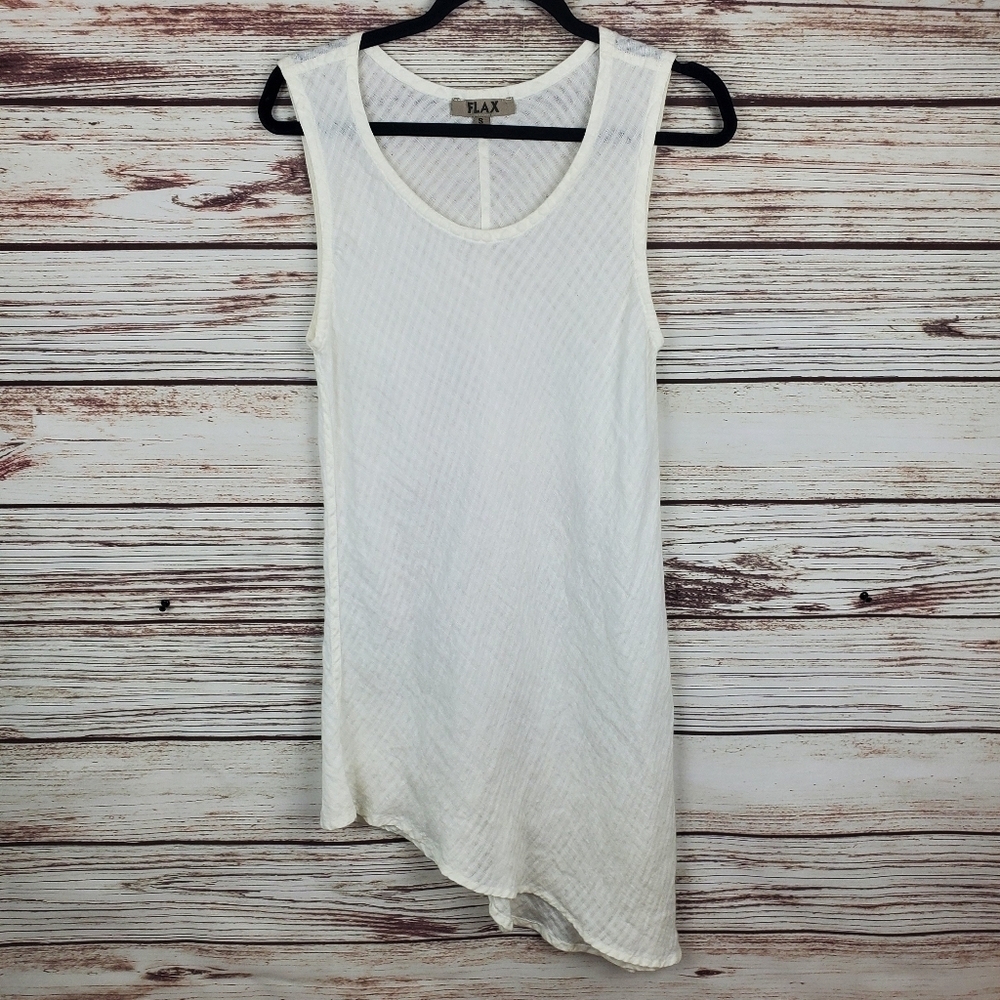 FLAX Womens Small White Linen Semi-Sheer Asymmetrical Hem Airy Tunic Top
